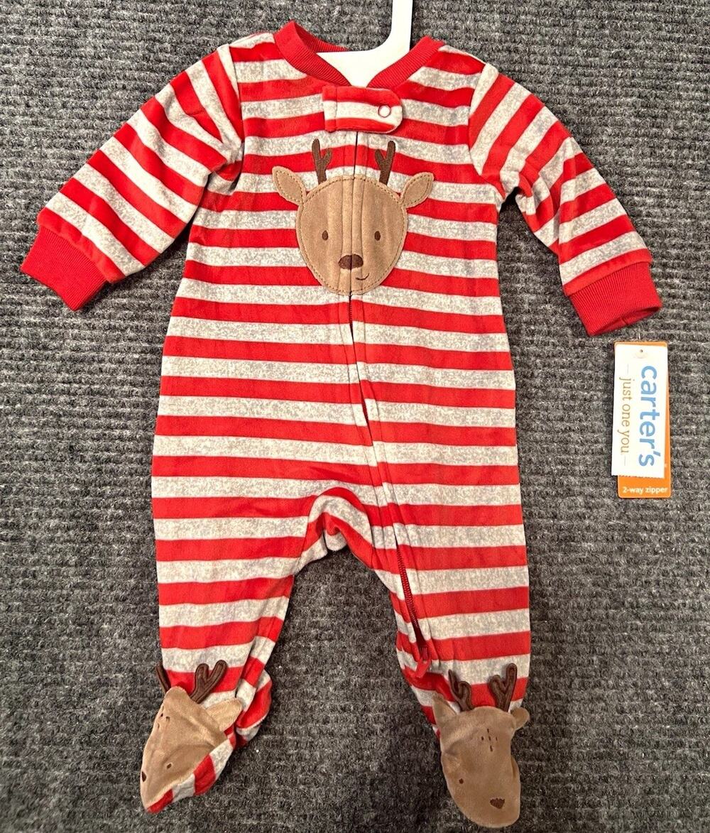 Carter's 6M Red/Gray Fleece Footed Reindeer One-Piece Sleeper 2-Way Zip